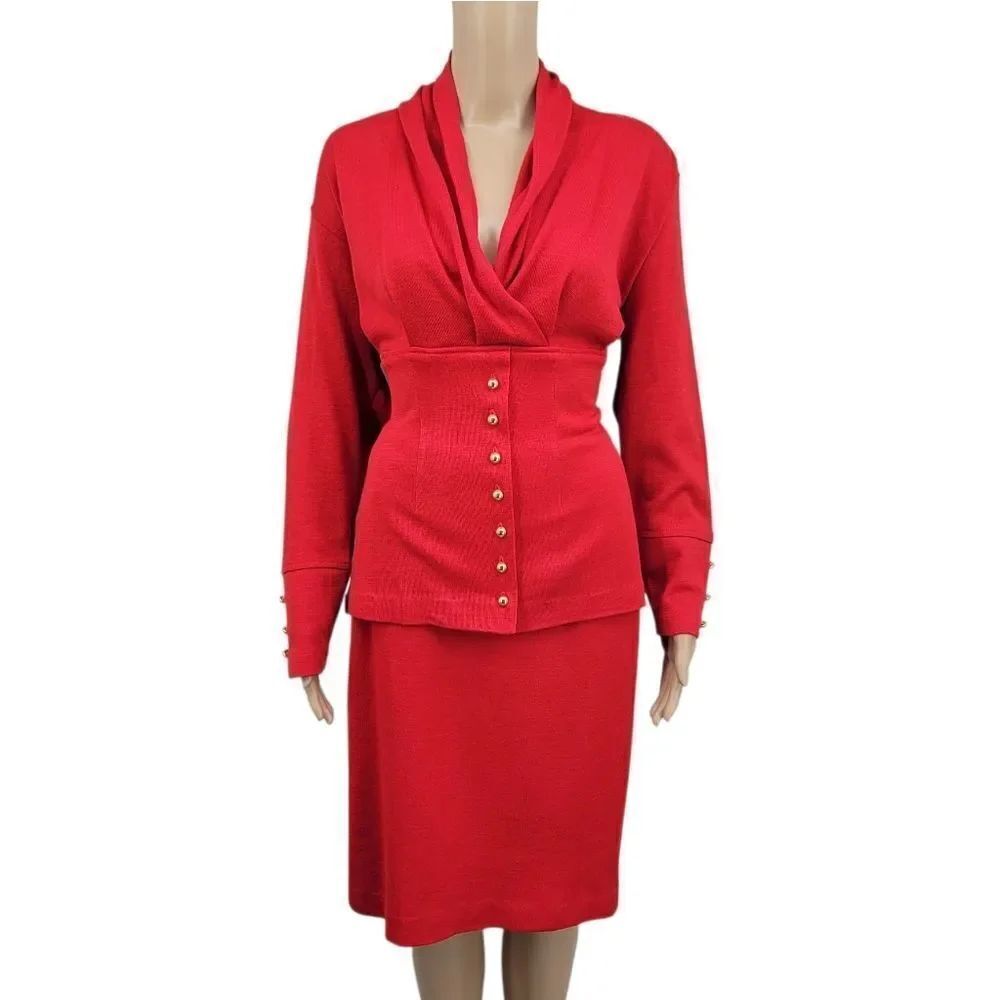 Kabri Vintage Red Knit Sweater and Skirt Matching Set Wool Blend 80s